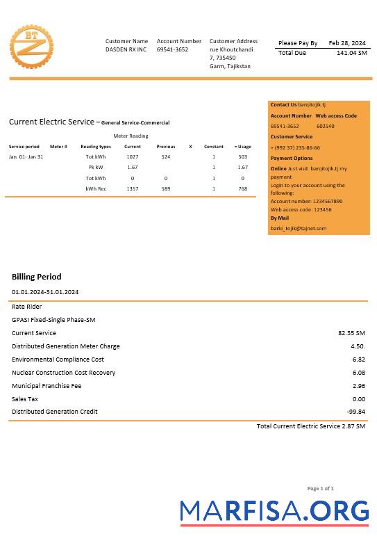 Printable Tajikistan Barqi Tojik Company electricity business utility bill template in Word and PDF formats